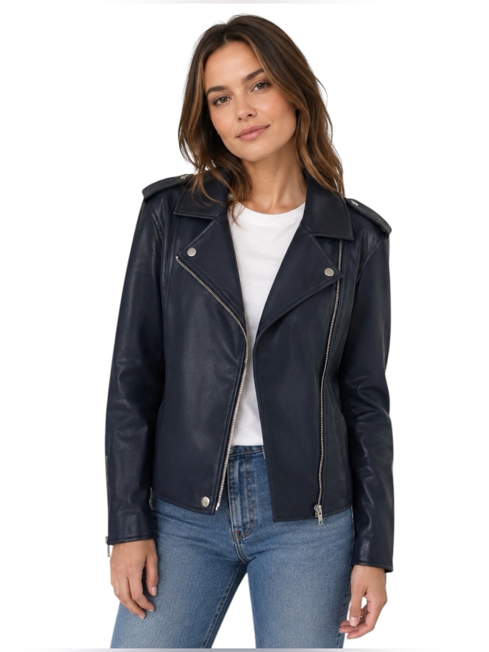 INC International Concepts Faux Leather Moto Jacket Navy Blue Size Medium